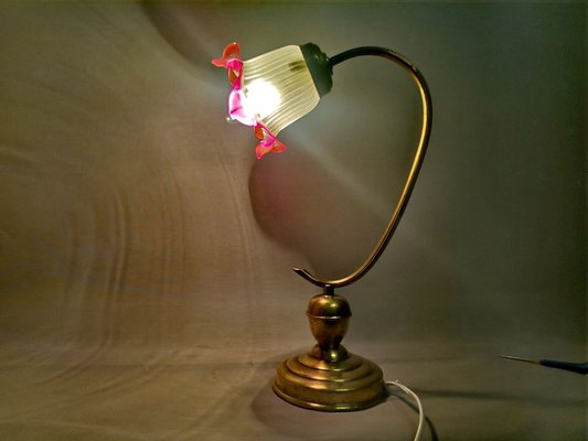 Art Nouveau Golden Brass and Pink Frosted Glass Table Lamp, 1930s-SCS-1220300