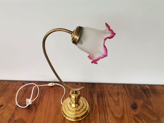 Art Nouveau Golden Brass and Pink Frosted Glass Table Lamp, 1930s-SCS-1220300