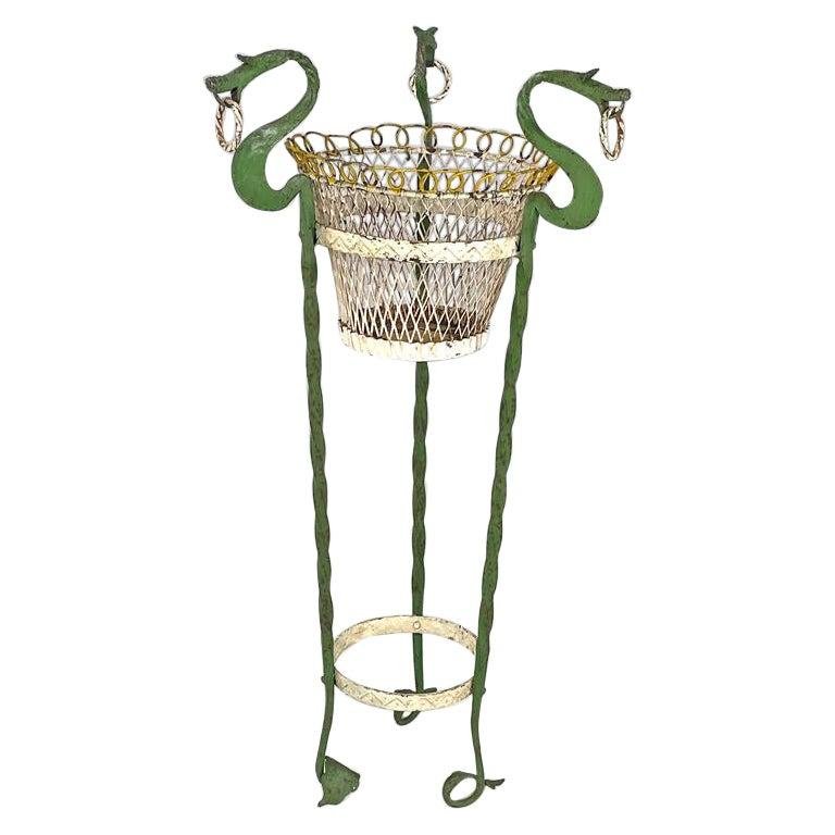 Art Nouveau Italian Green Wrought Iron Vase Holder with Decorative Dragons, 1900s