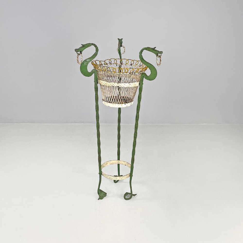 Art Nouveau Italian Green Wrought Iron Vase Holder with Decorative Dragons, 1900s