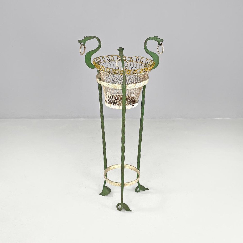 Art Nouveau Italian Green Wrought Iron Vase Holder with Decorative Dragons, 1900s