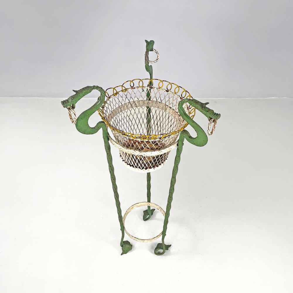 Art Nouveau Italian Green Wrought Iron Vase Holder with Decorative Dragons, 1900s