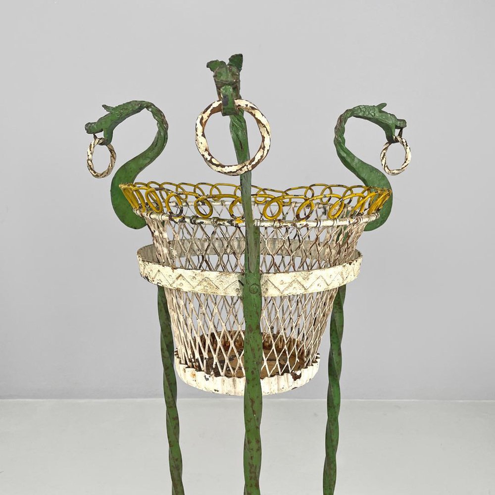 Art Nouveau Italian Green Wrought Iron Vase Holder with Decorative Dragons, 1900s