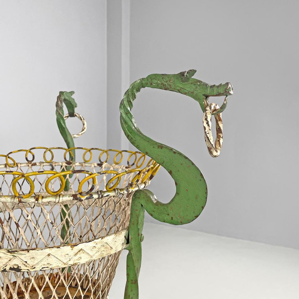 Art Nouveau Italian Green Wrought Iron Vase Holder with Decorative Dragons, 1900s