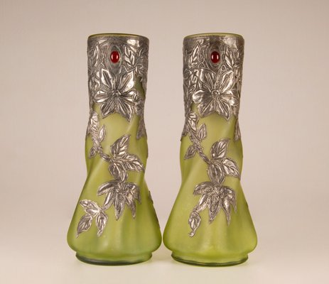 Art Nouveau Jewelled Vases Glass Paste and Silver Pewter by Charles Schneider, Set of 2-GOE-1091829