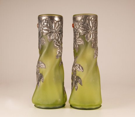 Art Nouveau Jewelled Vases Glass Paste and Silver Pewter by Charles Schneider, Set of 2-GOE-1091829