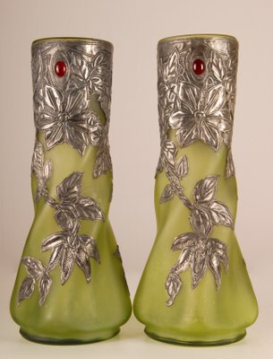 Art Nouveau Jewelled Vases Glass Paste and Silver Pewter by Charles Schneider, Set of 2-GOE-1091829