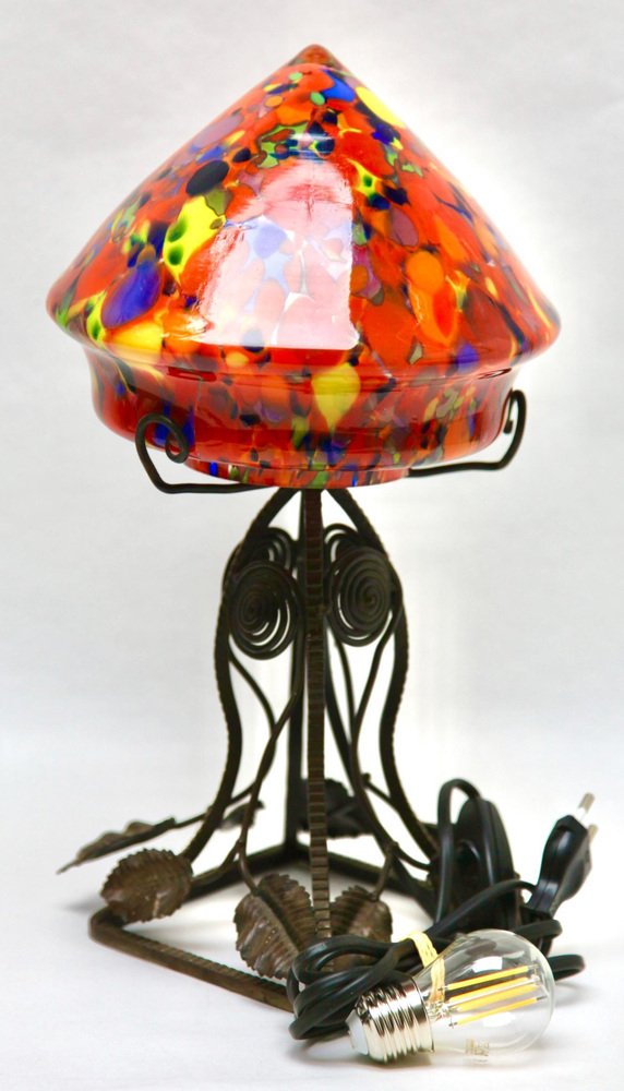 Art Nouveau Lamp in Wrought Iron with Glass Shade Scailmont, 1930s