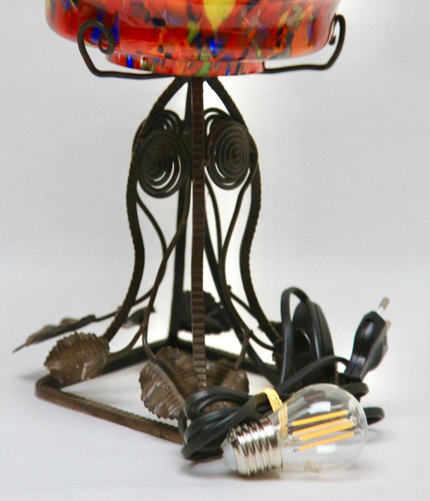 Art Nouveau Lamp in Wrought Iron with Glass Shade Scailmont, 1930s