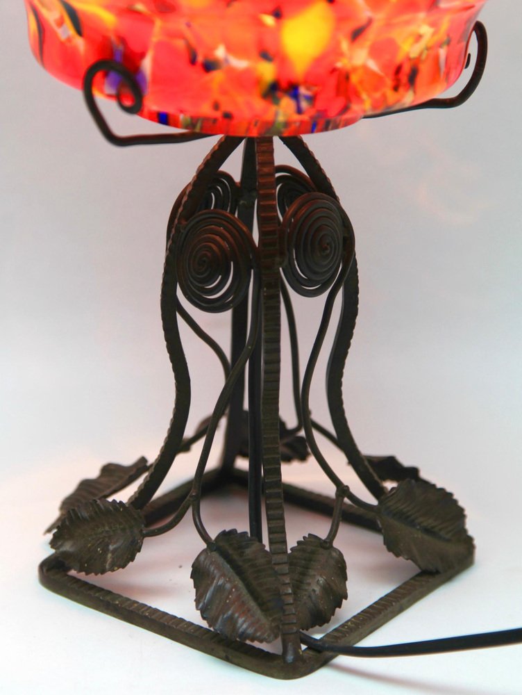 Art Nouveau Lamp in Wrought Iron with Glass Shade Scailmont, 1930s