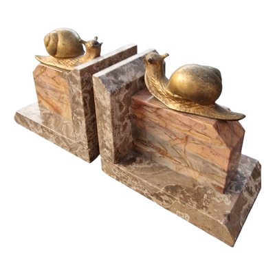 Art Nouveau Marble Bookends with Gilded Bronze Snails, 1890s, Set of 2-BXK-2028820