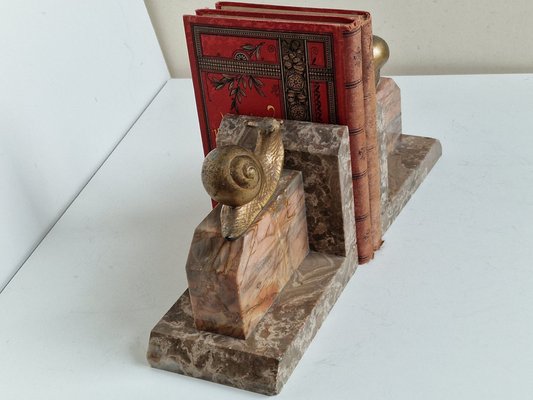 Art Nouveau Marble Bookends with Gilded Bronze Snails, 1890s, Set of 2-BXK-2028820