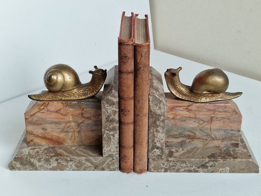 Art Nouveau Marble Bookends with Gilded Bronze Snails, 1890s, Set of 2-BXK-2028820