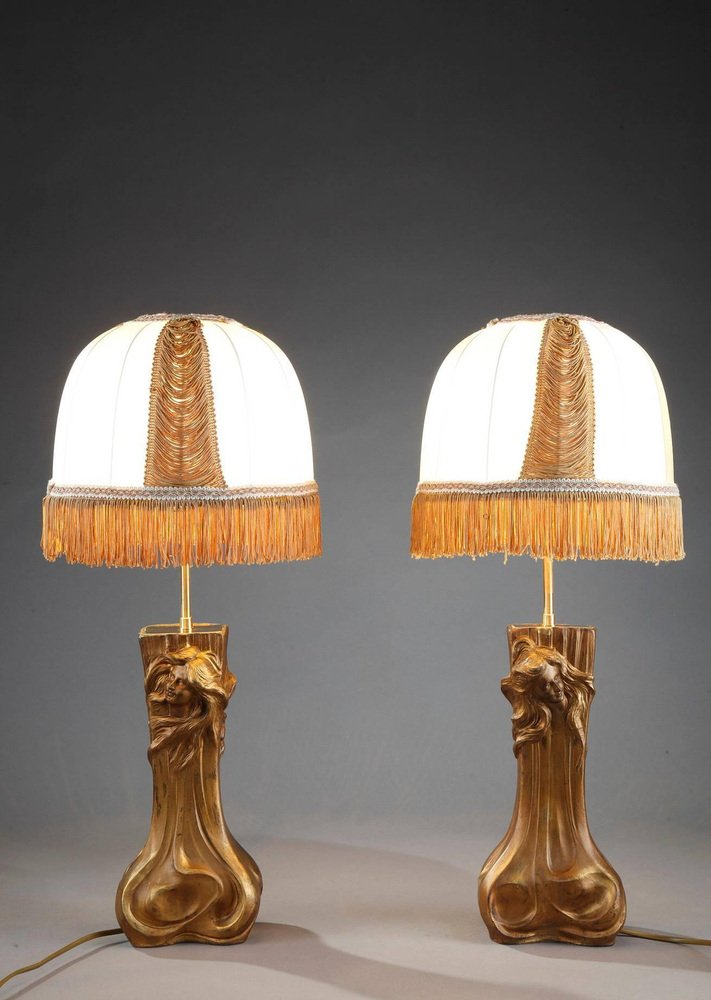 Art Nouveau Mounted Lamps with Nymphs, Set of 2