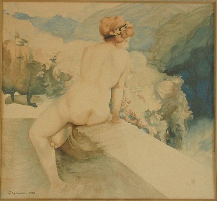 Art Nouveau Nude Watercolor Paintings by A. Crommen, 1918, Set of 2-KTN-622037