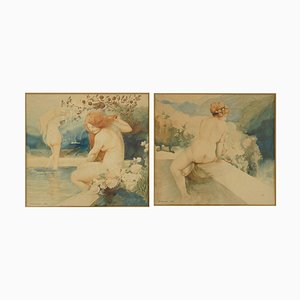 Art Nouveau Nude Watercolor Paintings by A. Crommen, 1918, Set of 2-KTN-622037