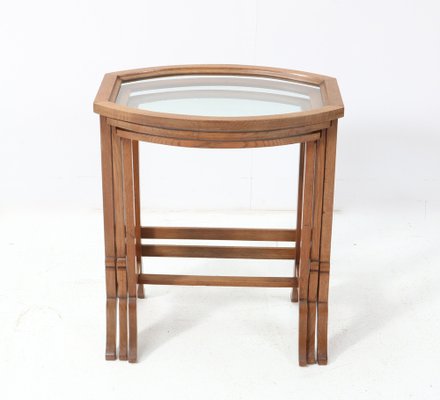 Art Nouveau Oak Nesting Tables with Glass Tops, 1890s, Set of 3-MY-1703786