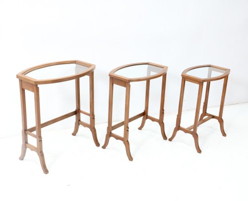 Art Nouveau Oak Nesting Tables with Glass Tops, 1890s, Set of 3-MY-1703786