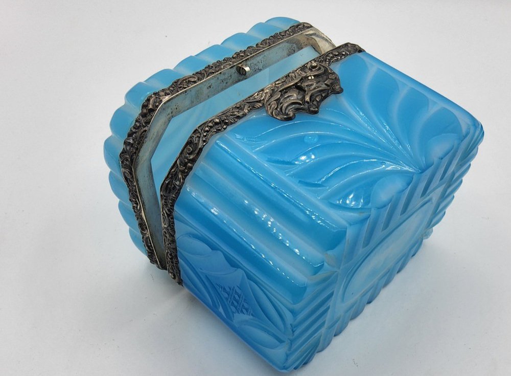 Art Nouveau Opaline Overlay Glass Casket with Silver Mount, Austria, 1849