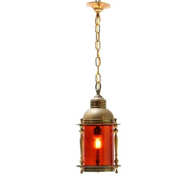 Art Nouveau Patinated Brass Lantern with Original Glass Shade, 1900s-MY-1304720