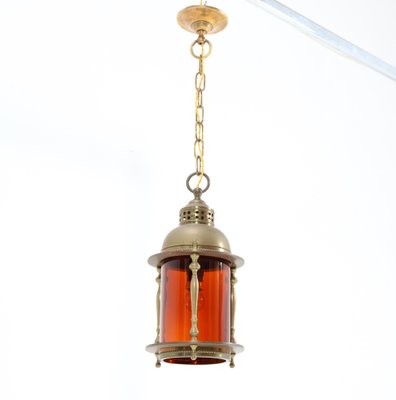 Art Nouveau Patinated Brass Lantern with Original Glass Shade, 1900s-MY-1304720