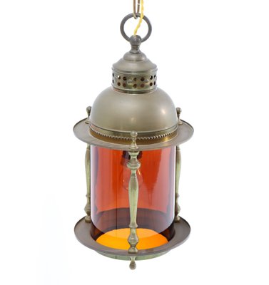 Art Nouveau Patinated Brass Lantern with Original Glass Shade, 1900s-MY-1304720