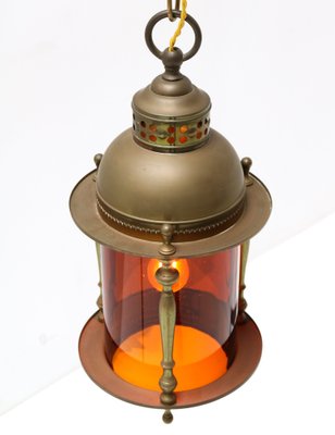 Art Nouveau Patinated Brass Lantern with Original Glass Shade, 1900s-MY-1304720