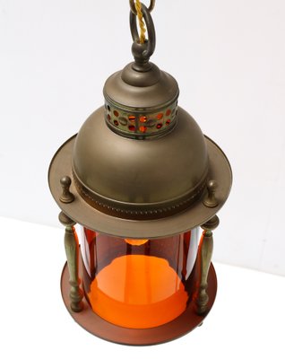 Art Nouveau Patinated Brass Lantern with Original Glass Shade, 1900s-MY-1304720