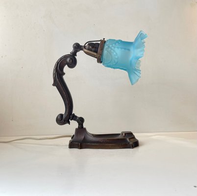 Art Nouveau Piano or Table Lamp in Bronze and Blue Glass, 1920s-LCR-1293247