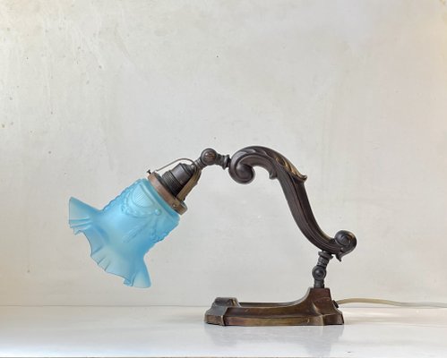 Art Nouveau Piano or Table Lamp in Bronze and Blue Glass, 1920s-LCR-1293247