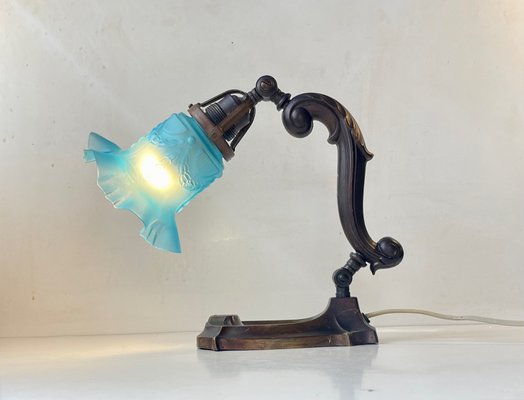 Art Nouveau Piano or Table Lamp in Bronze and Blue Glass, 1920s-LCR-1293247