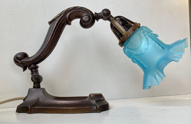 Art Nouveau Piano or Table Lamp in Bronze and Blue Glass, 1920s-LCR-1293247