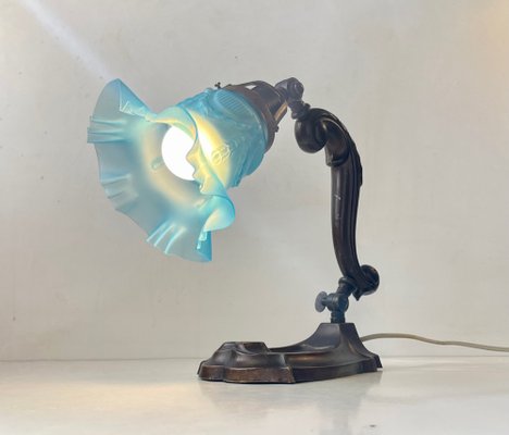 Art Nouveau Piano or Table Lamp in Bronze and Blue Glass, 1920s-LCR-1293247