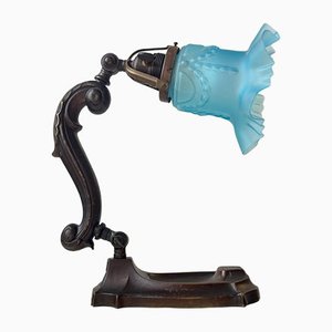 Art Nouveau Piano or Table Lamp in Bronze and Blue Glass, 1920s-LCR-1293247