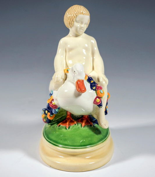 Art Nouveau Putto Riding a Duck Figurine in Ceramic by Doblinger, Vienna, Austria, 1910s