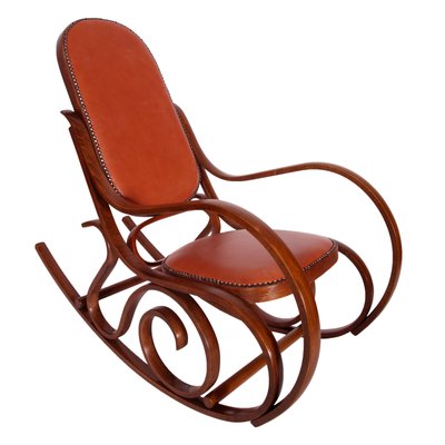 Art Nouveau Rocking Chair in Steam Bent Beechwood & Leather from Thonet-NJV-765346