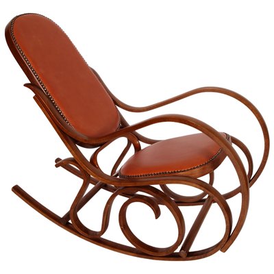 Art Nouveau Rocking Chair in Steam Bent Beechwood & Leather from Thonet-NJV-765346