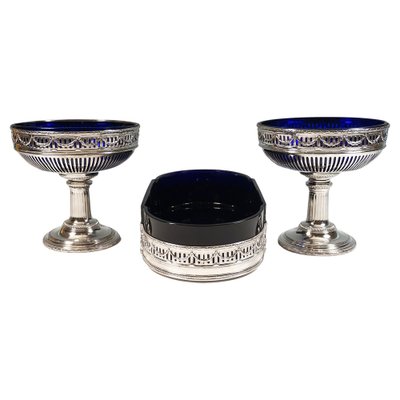 Art Nouveau Silver Centerpiece with Blue Glass Inserts, France, 1905, Set of 3-EMT-1763726