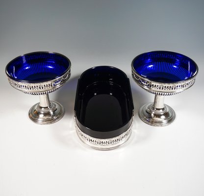 Art Nouveau Silver Centerpiece with Blue Glass Inserts, France, 1905, Set of 3-EMT-1763726