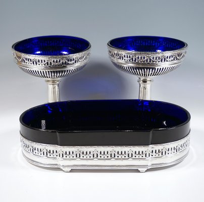 Art Nouveau Silver Centerpiece with Blue Glass Inserts, France, 1905, Set of 3-EMT-1763726