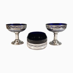 Art Nouveau Silver Centerpiece with Blue Glass Inserts, France, 1905, Set of 3-EMT-1763726