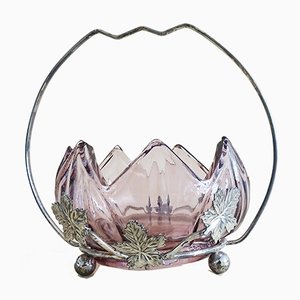 Art Nouveau Silver-Plated Sugar Bowl with Handle & Purple Glass Insert-BLG-998170