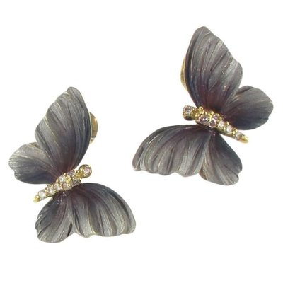 Art Nouveau Style Enamel Diamond Gold Butterfly Stud Earrings, Set of 2-OLU-896194