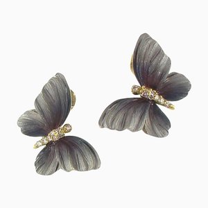 Art Nouveau Style Enamel Diamond Gold Butterfly Stud Earrings, Set of 2-OLU-896194