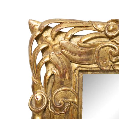 Art Nouveau Style Rectangular Gold Foil Hand Carved Wooden Mirror, 1970s-UZ-1155367