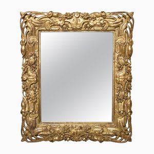 Art Nouveau Style Rectangular Gold Foil Hand Carved Wooden Mirror, 1970s-UZ-1155367