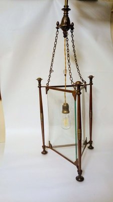 Art Nouveau Style Triangular-Shaped Lantern in Bronze and Glass-QZG-1327510