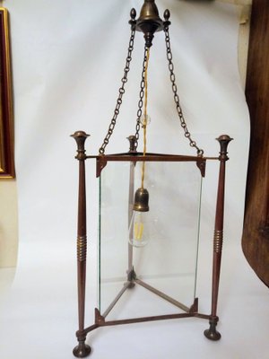 Art Nouveau Style Triangular-Shaped Lantern in Bronze and Glass-QZG-1327510