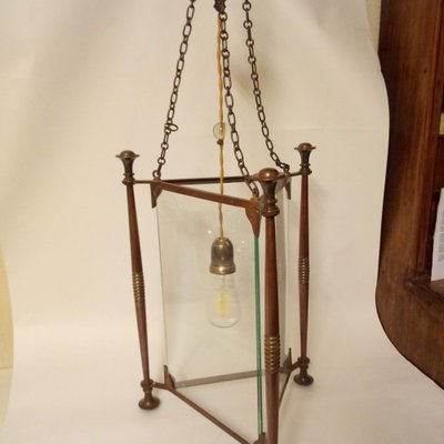 Art Nouveau Style Triangular-Shaped Lantern in Bronze and Glass-QZG-1327510