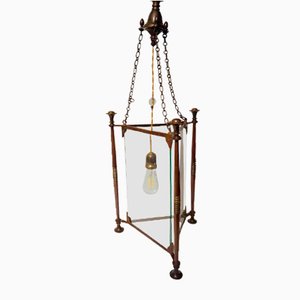 Art Nouveau Style Triangular-Shaped Lantern in Bronze and Glass-QZG-1327510